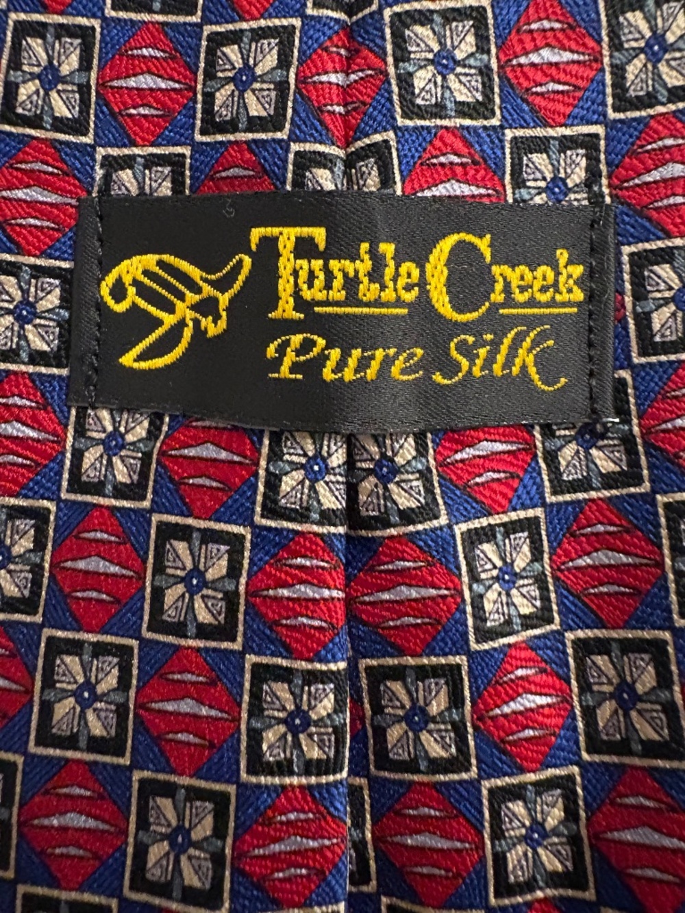 Turtle Creek 100% Pure Silk Geometric Foulard Necktie - Navy Blue & Crimson Red